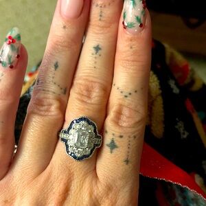 Cubic Zirconia and blue spinel sterling silver art deco style ring